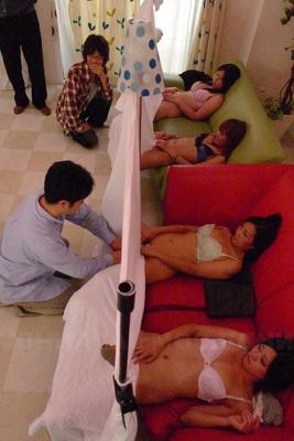 15P Asian women spread pussy for men in kinky peek-a-boo orgy & get cum on tits