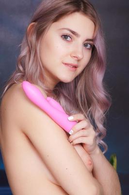 21P Busty teen with purple hair strips to her socks and toys her bald snatch