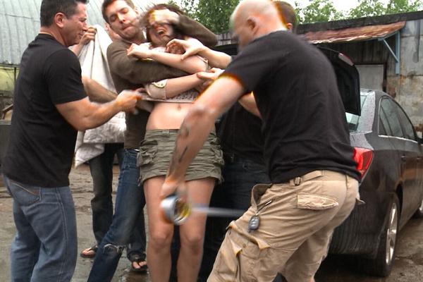 21P Brunette pornstar with huge juggs Marina Visconti gets gangbanged roughly