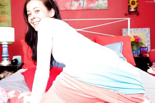 16P Barely legal brunette teen Alaina Kristar posing nude in socks after disrobing