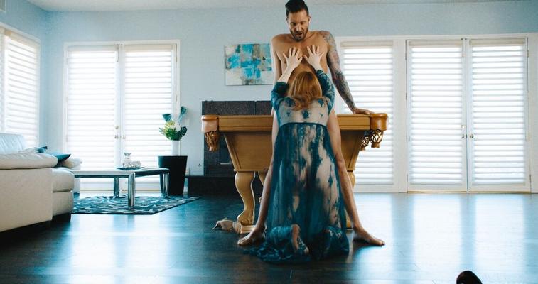 15P Hot redhead models on a billiard table before sex with her man friend