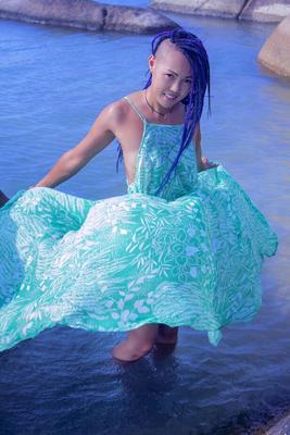 16P Hot Asian teen Sweet Julie removes wet dress for nude poses in water
