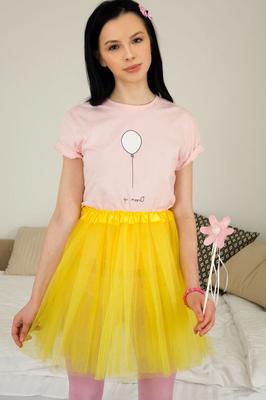 20P Sweet teen Gerda doffs a see thru skirt to get totally naked on her bed