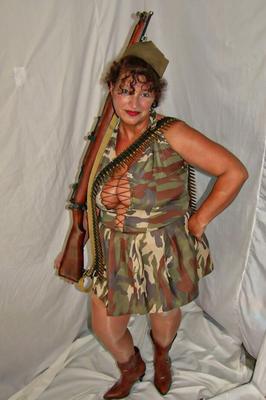 20P Overweight mature woman exposes her garters and nylon tops in military apparel