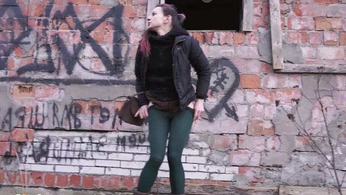 15P Caucasian girl pulls down her tights for a piss behind an abandoned building