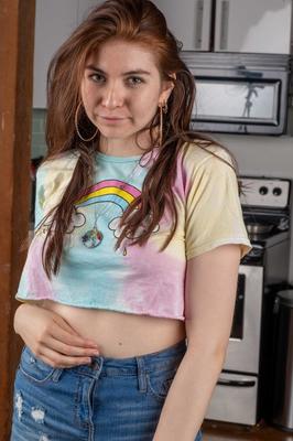 21P Sweet brunette amateur Lalia exposes her hairy boobs and big ass