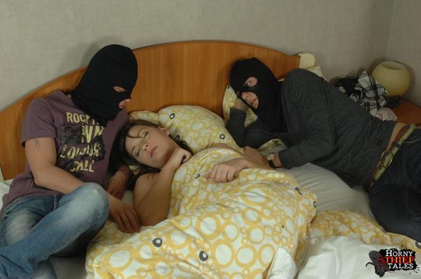 16P Sleeping girl Masha is aroused by masked intruders before a hardcore MMF fuck