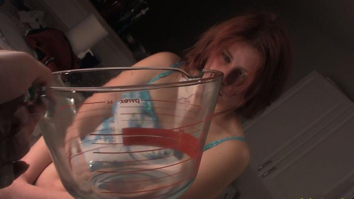 15P Young babe drinking her own pee in the bowl