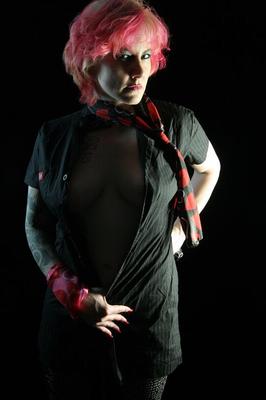 15P Busty pink haired punk tight short black dress
