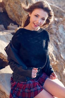 18P Sweet teen Mila Azul strips to black over the knee socks in a playful manner