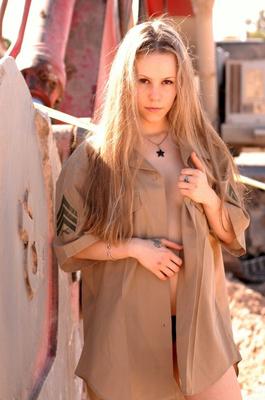 15P Sultry blonde Fiona Luv poses in the desert in army shirt bikini panty & heels