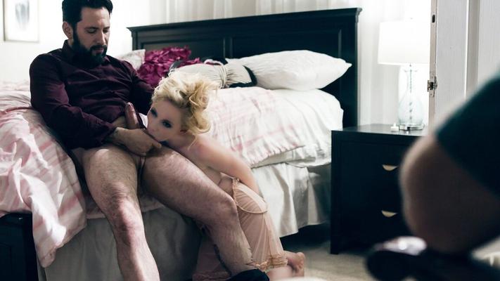 15P Petite blonde Athena Rayne gets fucked hard by her stepfather on a bed