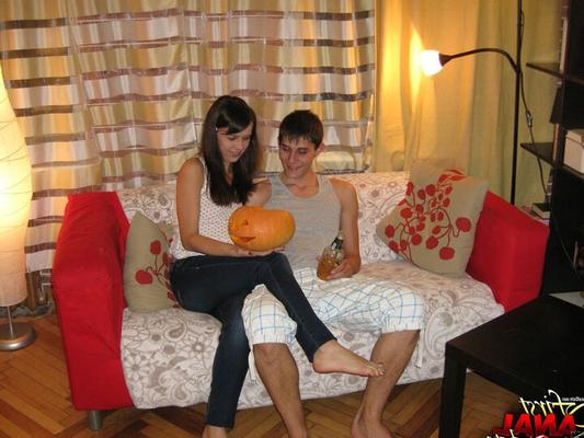 16P Young brunette and her boyfriend celebrate Halloween with sex on a sofa