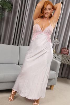 21P Amateur ginger Robyn J peels off nightgown and showcases huge natural tits