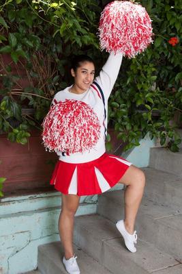 16P Sexy Latina cheerleader strips outdoors to show her hairy armpits & pussy