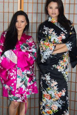 17P Asian lookers Miyuki Son & Lady Mae licking natural tits in satin robes