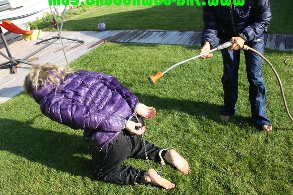 16P Sophie being tied, gagged and watered with cuffs and a ballgag by Sandra both