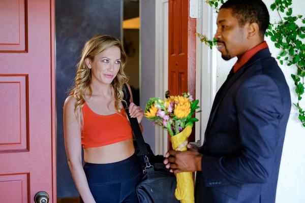 15P Blonde teen Adira Allure seduces a black man after modeling lingerie outdoors