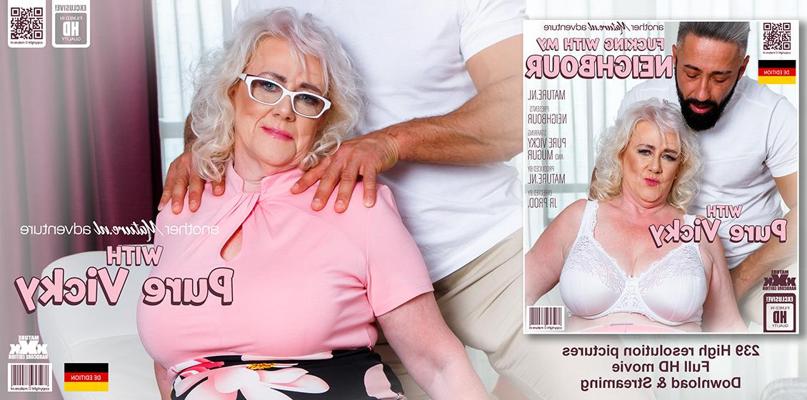 11P Older platinum blonde Pure Vicky has sex with a younger man in white stockings