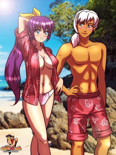 12P Cartoon shemale with huge tits sticks her dong in a guy's asshole on the beach