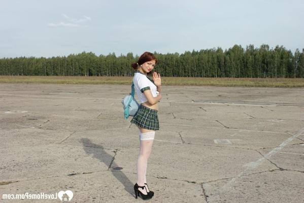 20P Pigtailed MILF poses in her schoolgirl outfit and shows her holes in public