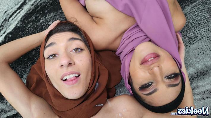 15P Sophia Leone and Aubrey Babcock sport hijabs during POV threesome sex