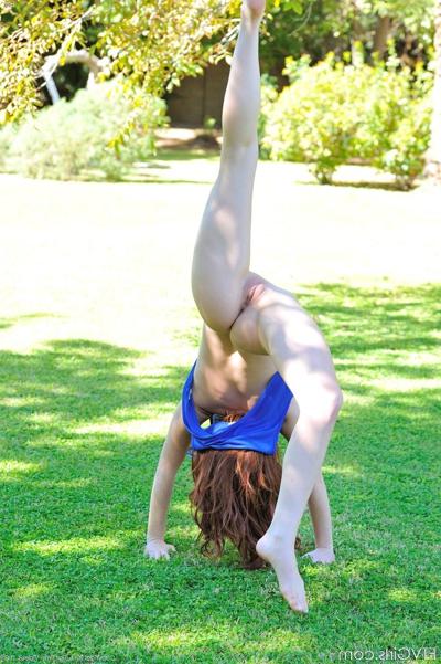20P Skinny ginger Elle takes her jean shorts off and does cartwheels in public