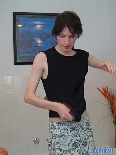 20P Skinny twink jerks his small dick until he ejaculates in the bathroom