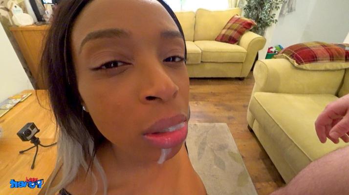 20P Naughty ebony with big tits takes two white dick and white sperm in her mouth