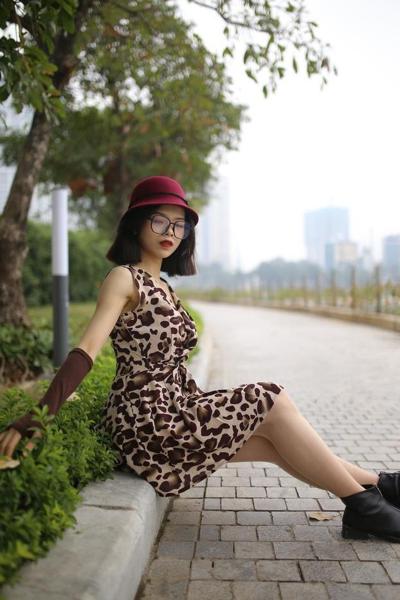 20P Tiny Asian doll with glasses & hat Irena posing in her summer dress outside