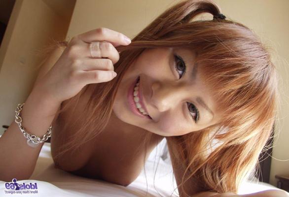 16P Cute Japanese teen with red hair Aki gets butt naked on her bed