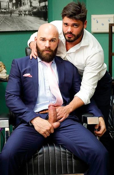 20P Bald gay bear Max Duro fucking his muscular barber Nicolas Brooks in the ass