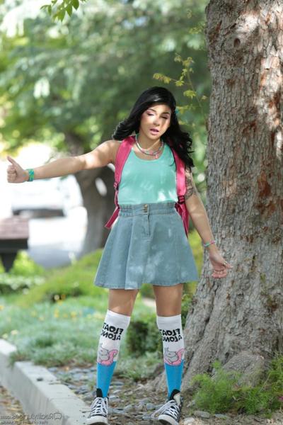 19P Petite Latina Sadie Pop strips her short skirt and shows her tiny shaved cunt
