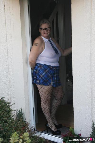 20P Fat granny Valgasmic Exposed steps outside in slutty schoolgirl clothing