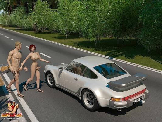 20P Animated redheaded shemale fucks a blond guy on his Porsche outdoors