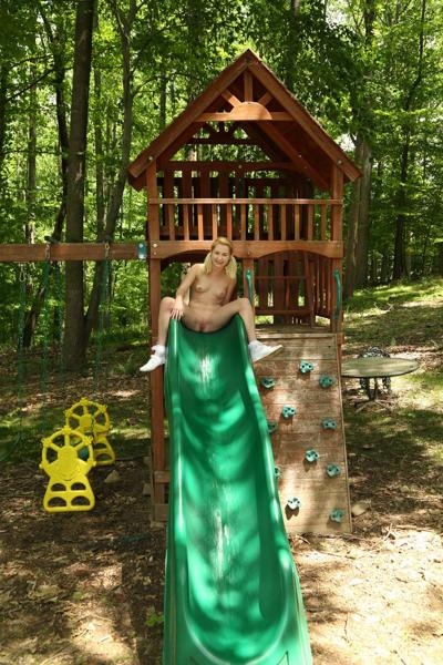 20P Blonde teen Odette Delacroix toys naked at the playground & pees on the slide