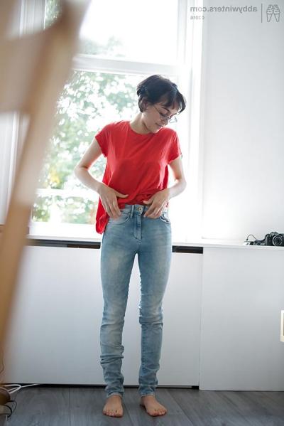 16P Skinny nerd Yasmeena pulling panties and jeans on while getting dressed