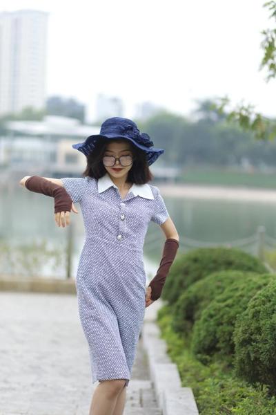 20P Hot Asian babe with glasses & hat Irena posing in her elegant dress outside