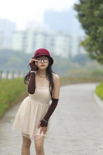 20P Petite Asian girl with glasses & hat posing in her sexy summer dress outside