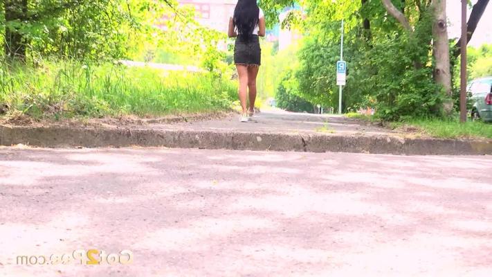 15P Dark-haired girl Maddi Black pees on concrete steps during the day