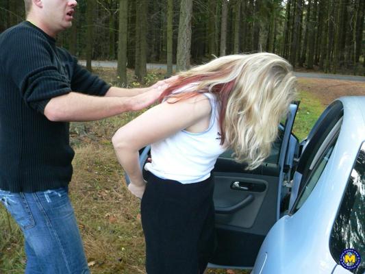 20P Blonde amateur Roxanna tastes two stiff rods and gets facialized in the woods