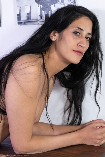 20P Exotic beauty Francesca strips to her high heels & plays with her hairy muff