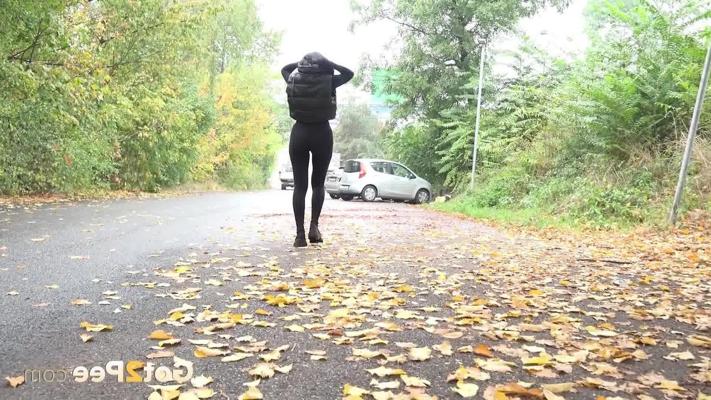 14P Brunette girl Shalina Shine takes a badly needed pee on leaves in public