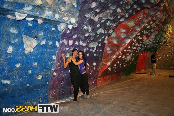 16P Brunette girl Emmy takes a cock in her mouth before climbing a rock wall