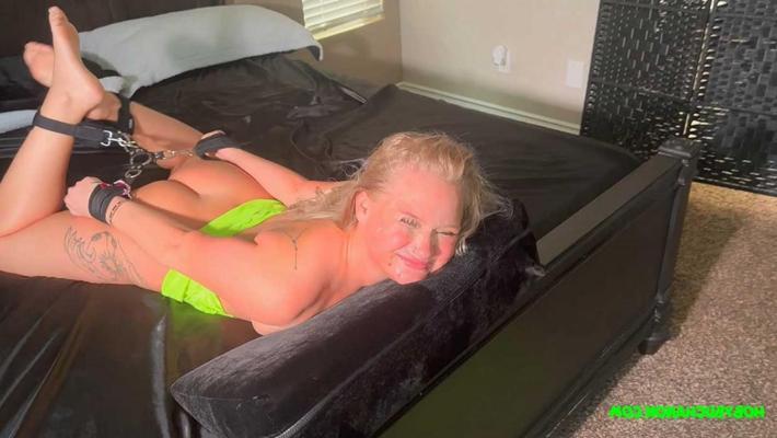 20P Natural blonde Harley King is left hogtied on a bed after having rough sex