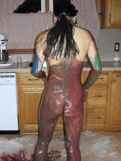 20P Petite Asian girl Jaylynn covers her body with a lot of paint in the kitchen