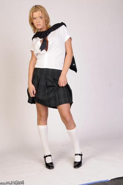 17P Very hot blonde lady boy Astrid Shay strips her school uniform and takes dick