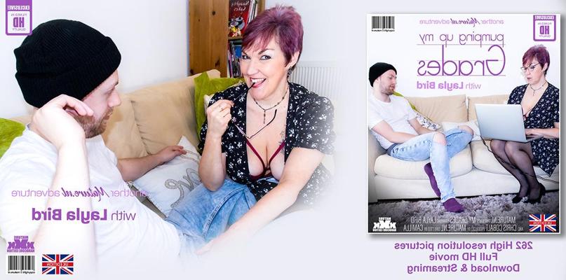 11P Mature woman with dyed hair Layla Bird has sex on a bed with a younger guy