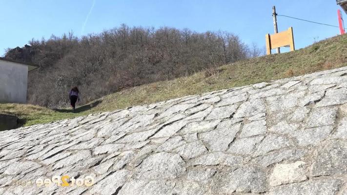 15P Caucasian girl Antonia Sainz pauses to pee on a flight of stone steps