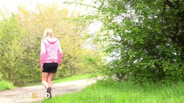 15P Blonde girl with bladder issues hitches up her miniskirt to pee on a road